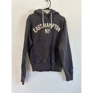Champion Reverse Weave East Hampton NY Hoodie Small Faded Black Acid Wash CS3045